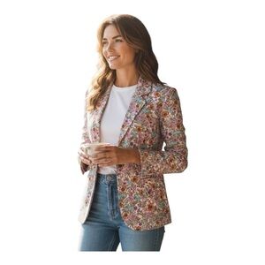 Villager Liz Claiborne Floral Cotton Blazer Jacket Size 14 Spring Garden